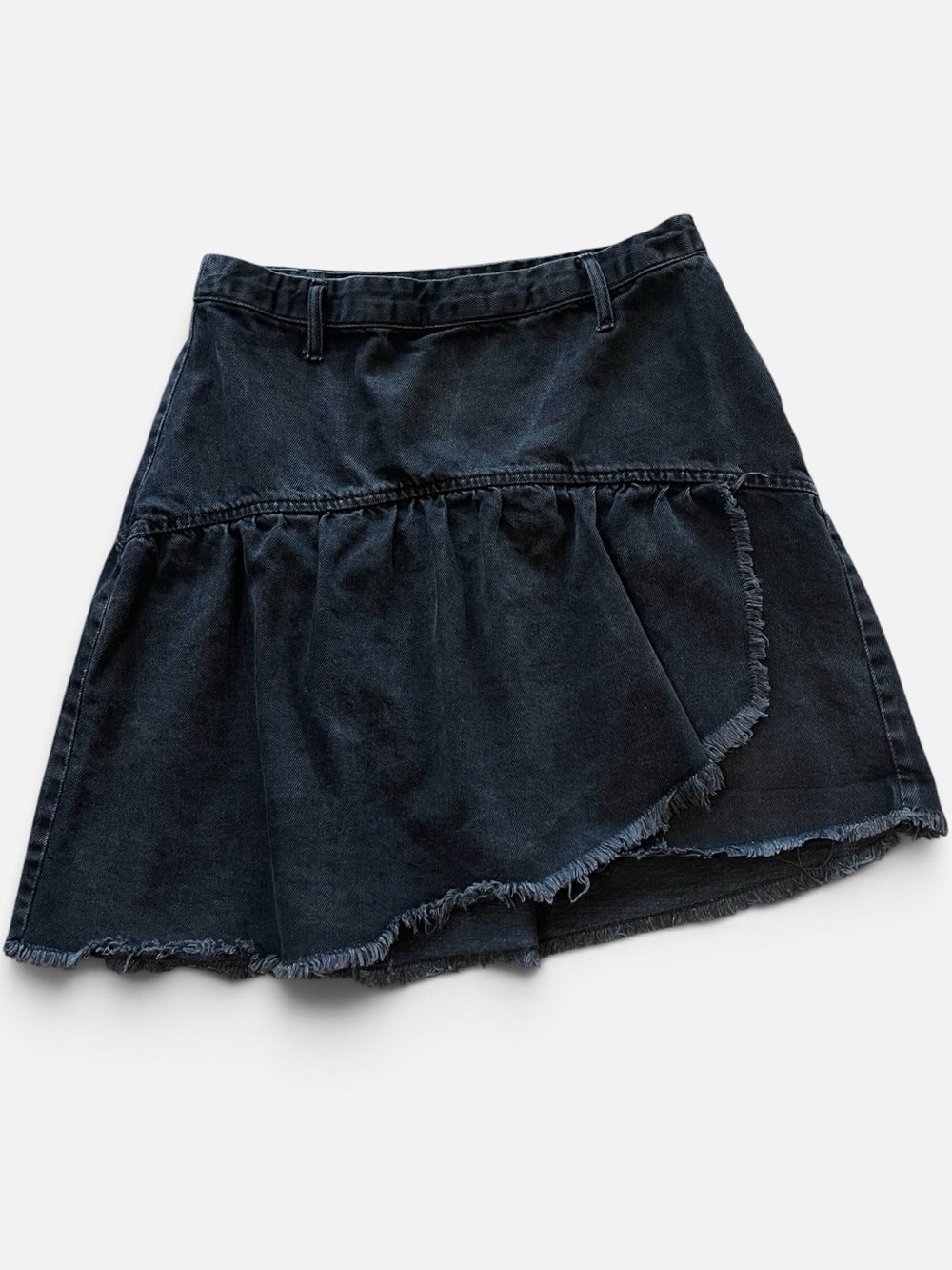 Zara Basic Z1975 Denim Black Wash Mini Skirt Sz S Asymmetrical Ruffle Raw Hem